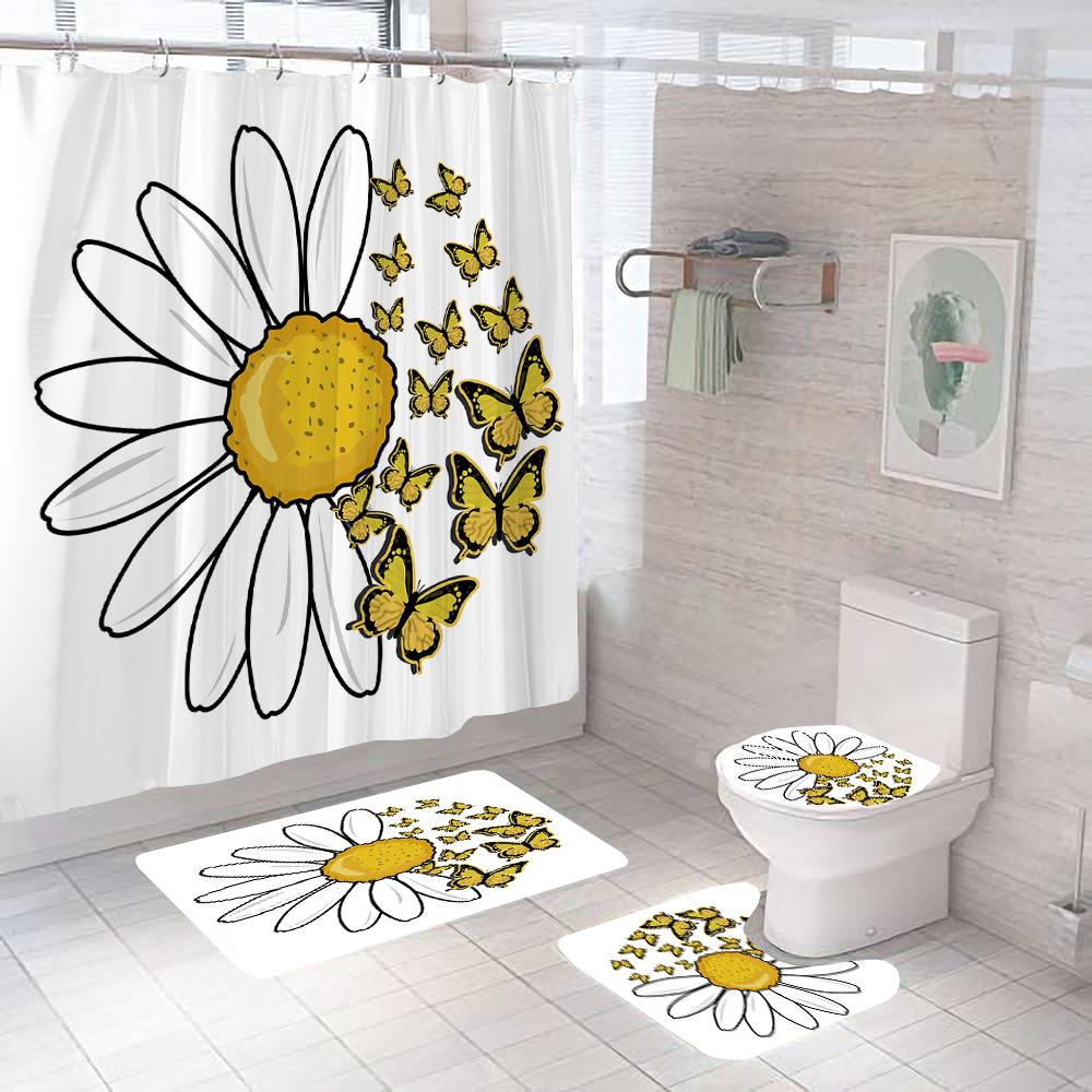Sunflower Black Shower Curtains Beautiful Flowers 3D Print Bathroom Curtain Set Toilet Cover Bath Mat Non-Slip Rug With 12 Hooks