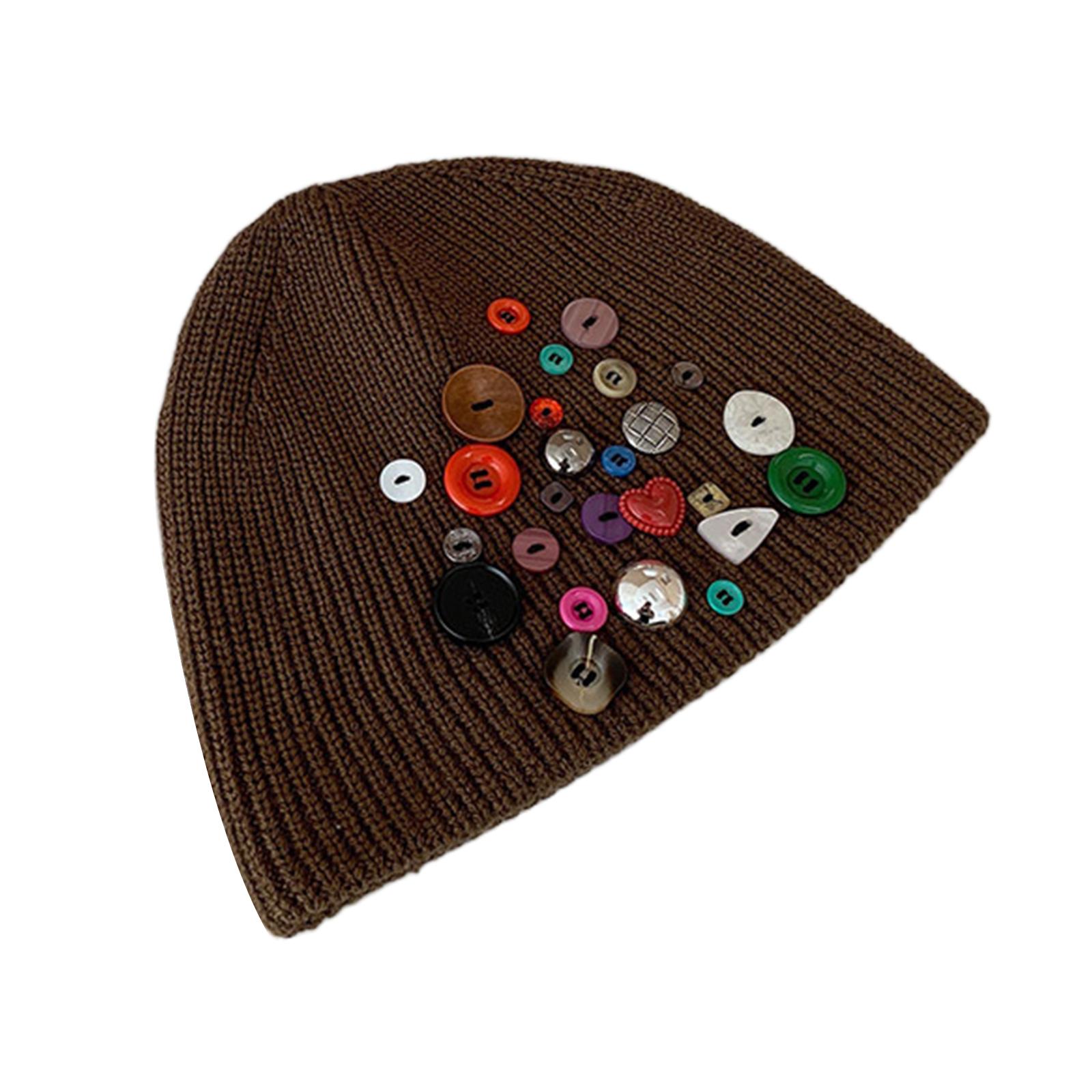 

Thickened Knit Hat for Women Girls Elastic Beanie Cap with Button Decors Outdoor Activity Sports Skiing Hat Headdress кофейный