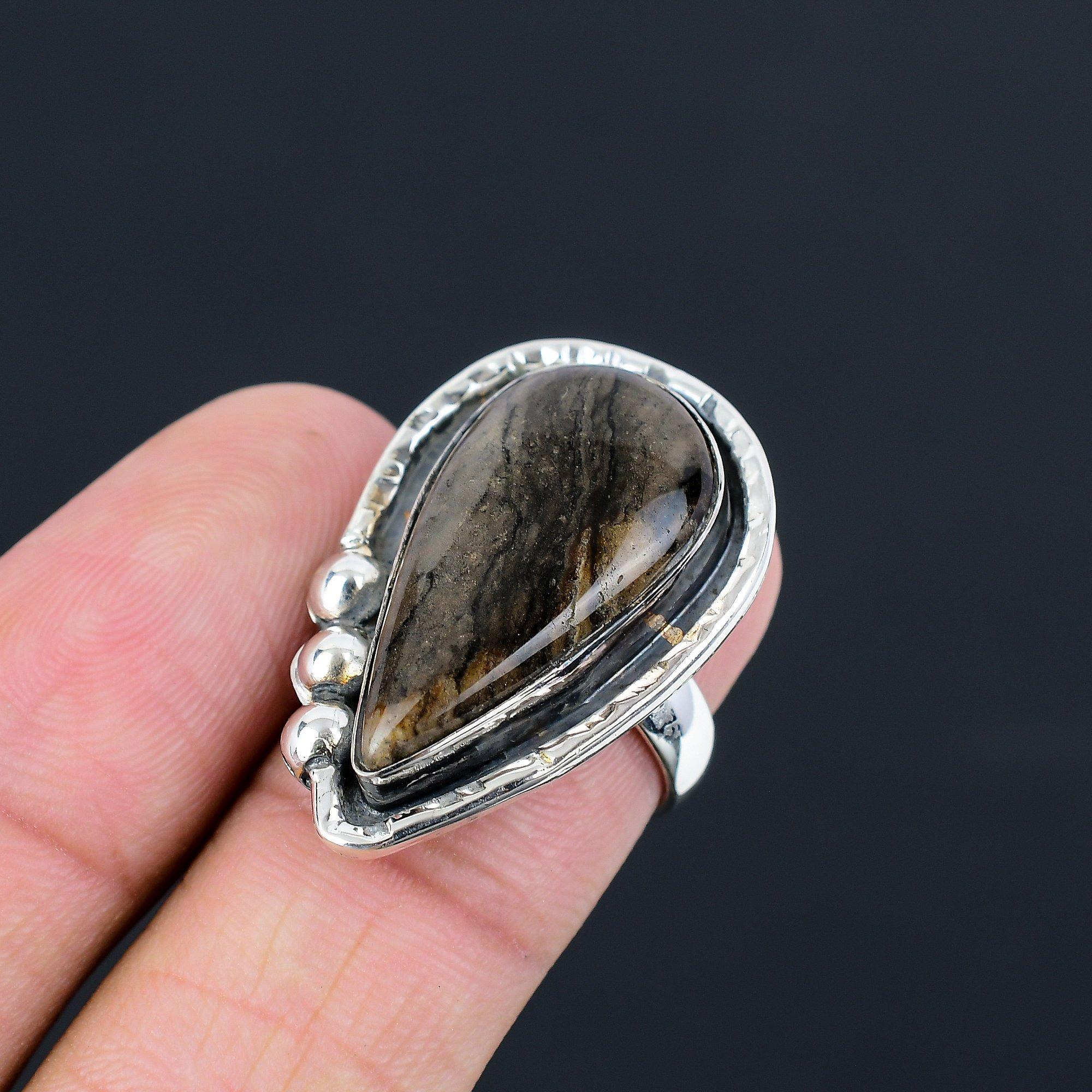 925 Silver Pear Honey Dendrite Opal Gemstone Statement Ethnic Ring Jewelry US 7 7