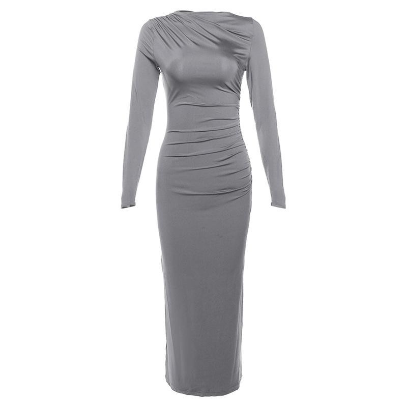 European Style Elegant Round Neck Long Sleeve Slim Fit Bodycon Dress