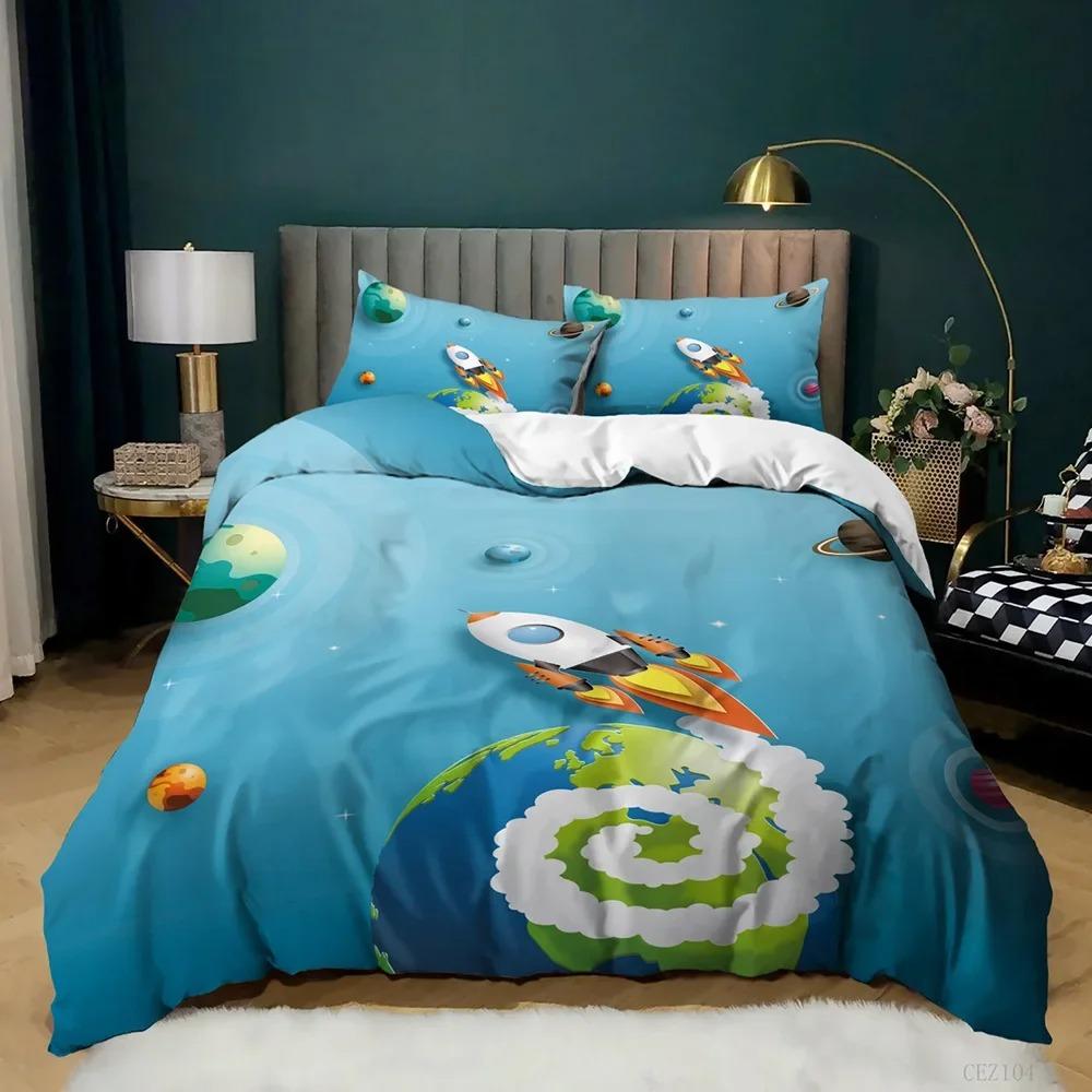 3D Cartoon Duvet Cover Set Science Fiction Space Themed with Earth and Rocket,Decorative Bedding Set,Queen Size Quilt Cover