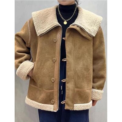 Large Lapel Biker Jacket Women Lamb Hair Coat 2023 Winter Padded Loose Fur One Suede Top Tide