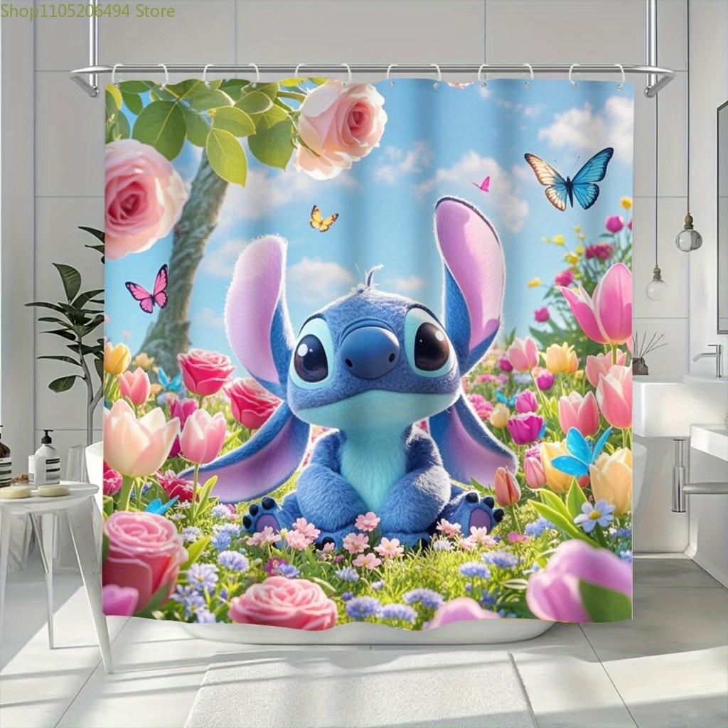 Stitch Cartoon Shower Curtain, Adorable Garden Scenery Design with Butterfly Patterns, Romantic Bathroom Decor in Vibrant Colo