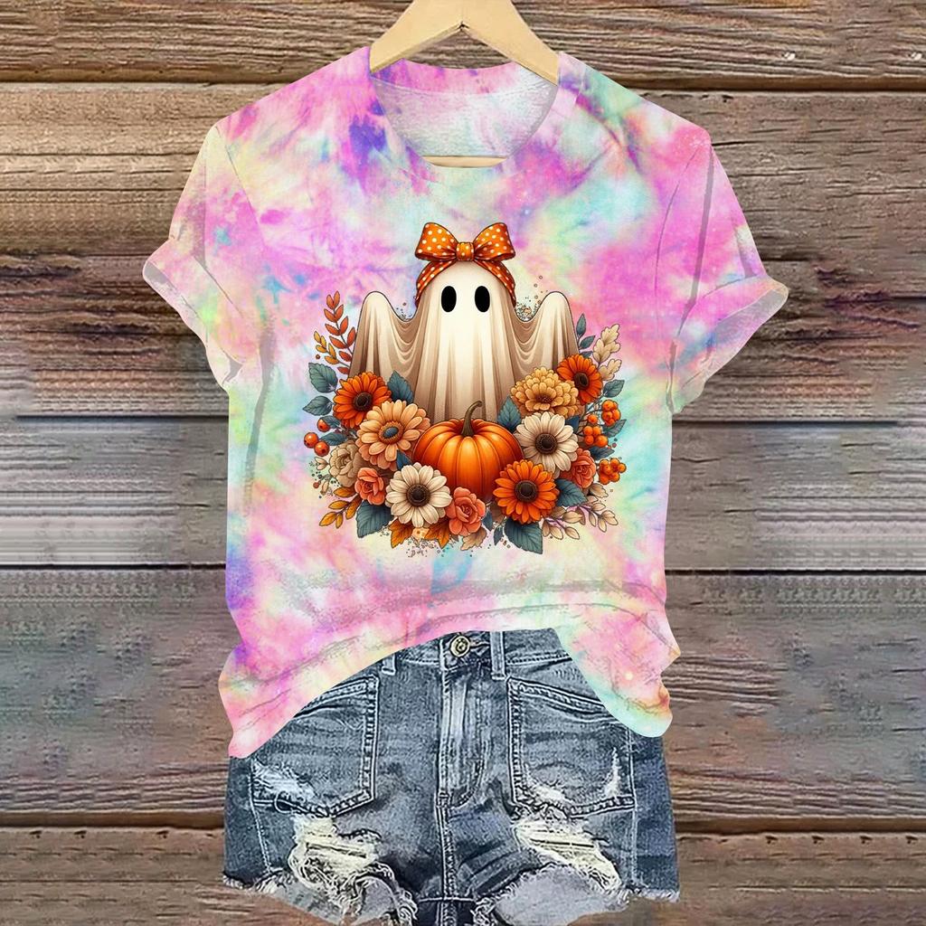 Ladies' Casual Halloween Printed Round Neck Short Sleeved T-Shirt