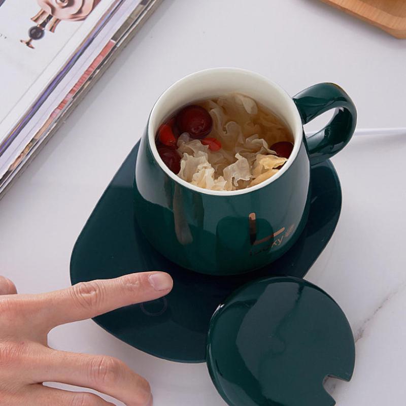 1 Sæt 55℃ Termisk Keramik Kaffekop Bærbar USB Genopladelig Opvarmningskop Med Rustfrit Stål Ske Gavekit Til Rejse Kontor Gave