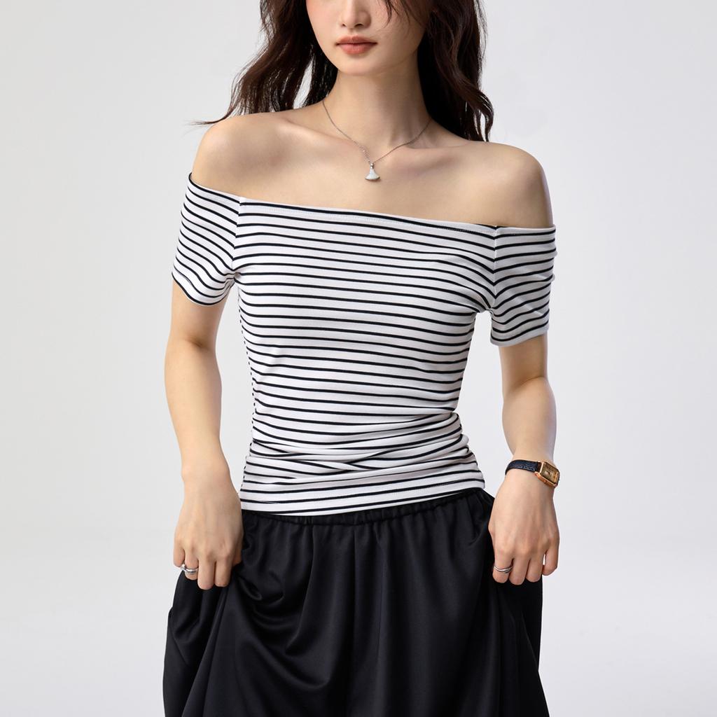 Tencel lyocell cotton, one-word collar off-the-shoulder striped T-shirt women's summer new slim-fitting sexy clavicle short-sleeved top
