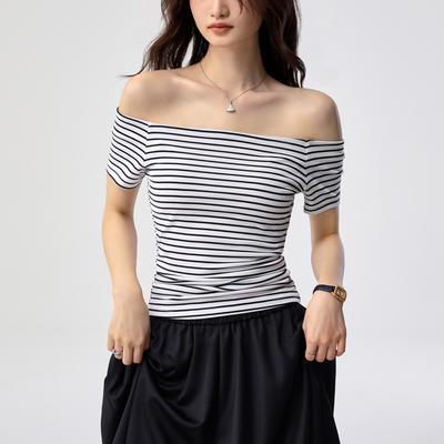 Tencel Lyocell Cotton, One-word Collar Off-the-shoulder Striped T-shirt Women's Summer New Slim-fitting Sexy Clavicle Short-sleeved Top