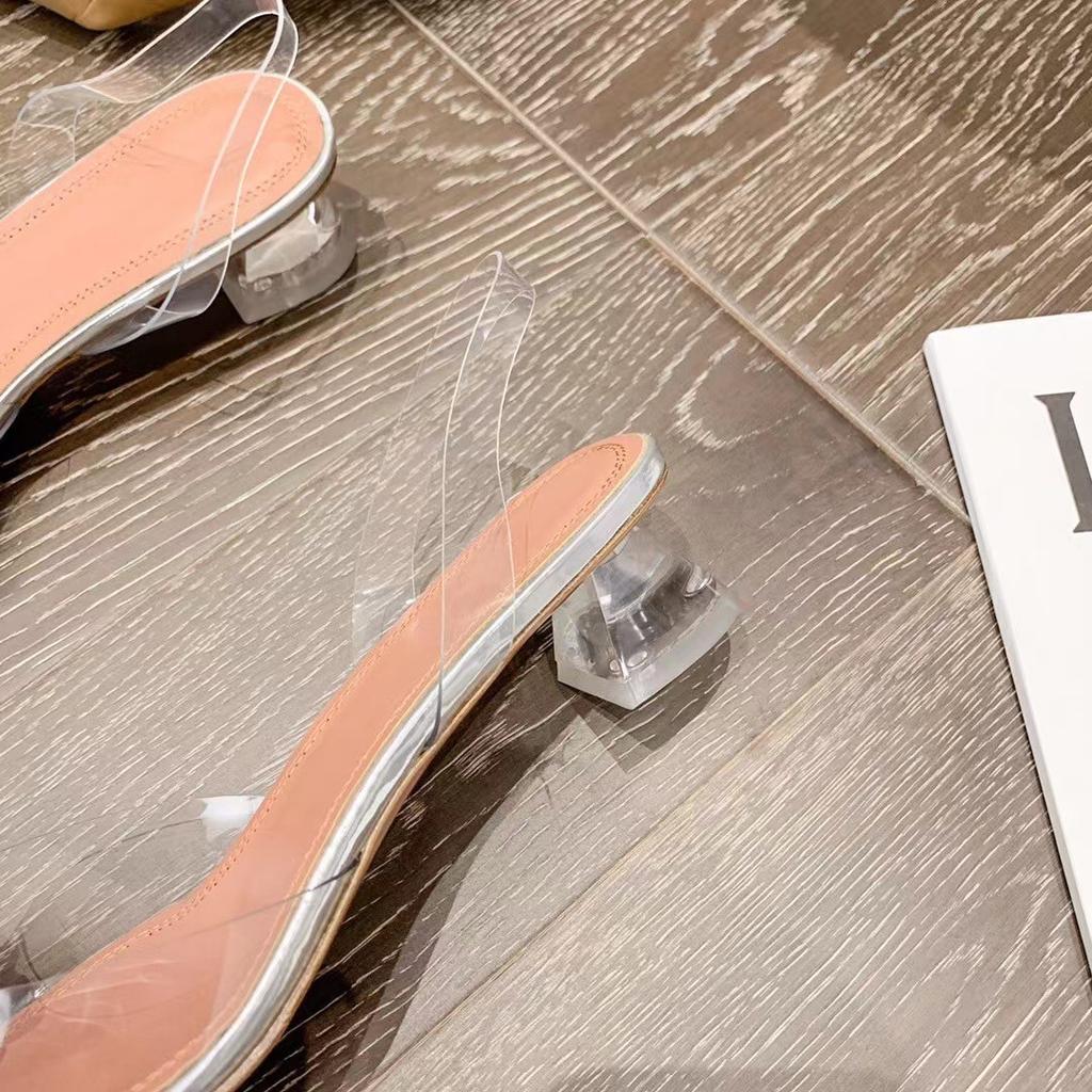 Flash diamond transparent high heels one word with pointed crystal thick heel sandals summer