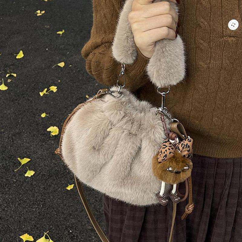 Faux Fur Tote Bag Soft Fluffy Shoulder Bag With Cute Pendant Plush Drawstring Crossbody Bag Women Winter Casual Commuter Handbag