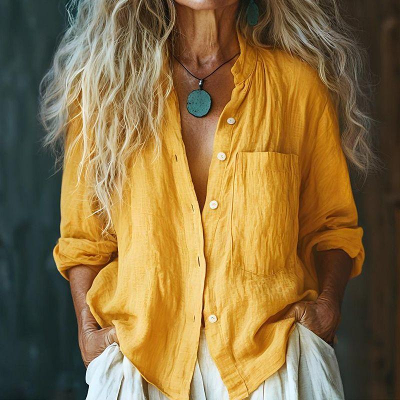 

European and American Solid Casual Loose Long sleeve All-Match Cardigan Top Shirts Top Shirt Ginger yellow S
