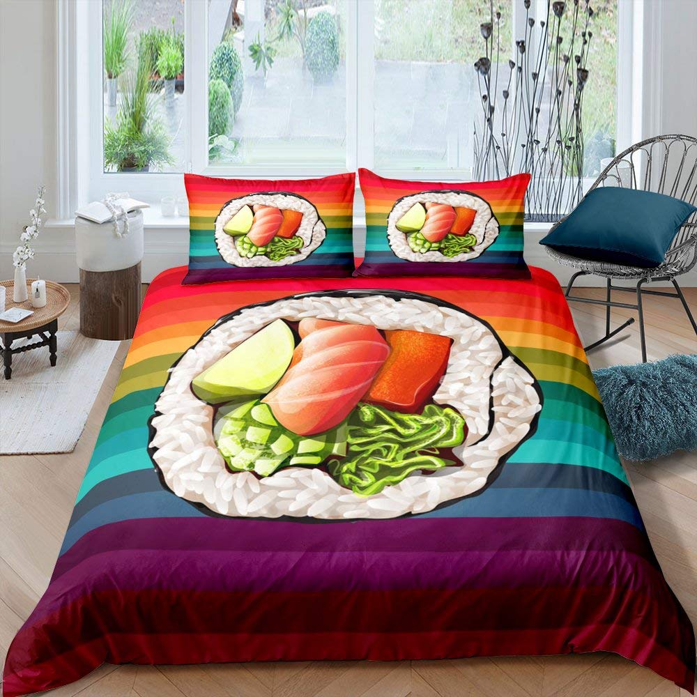 Japanese Sushi King Queen Duvet Cover Little Cat Bedding Set Novelty Cartoon Pet Animal Japan Food White Polyester Quilt Cover