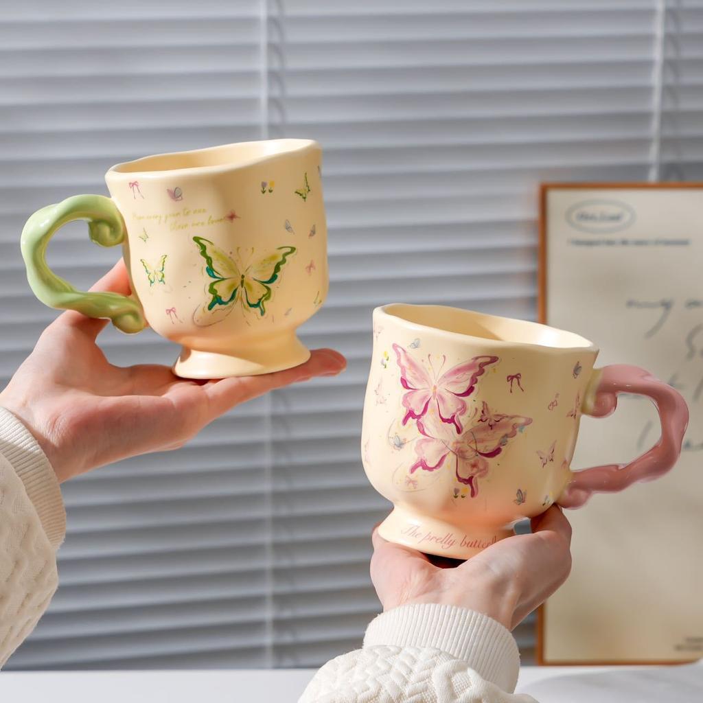 Retro Butterfly Ceramic Mug, Large-Capacity Breakfast Cup, High-Value Couple Water Cup, Home Office Female Gift