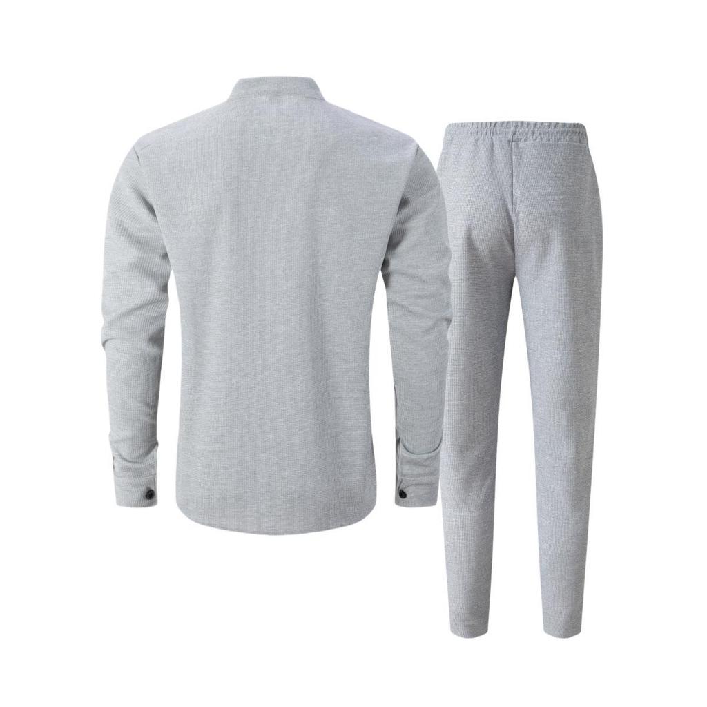 Men's European Autumn Waffle Knit Stand Collar Cardigan & Long Pants Set