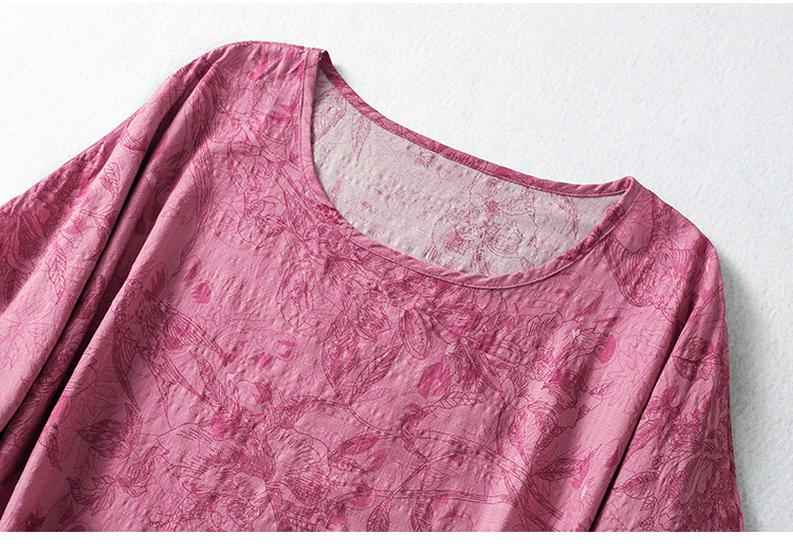 Bawełniano-lniana koszulka z krótkim rękawem, luźna, z okrągłym dekoltem, letnia, plus size