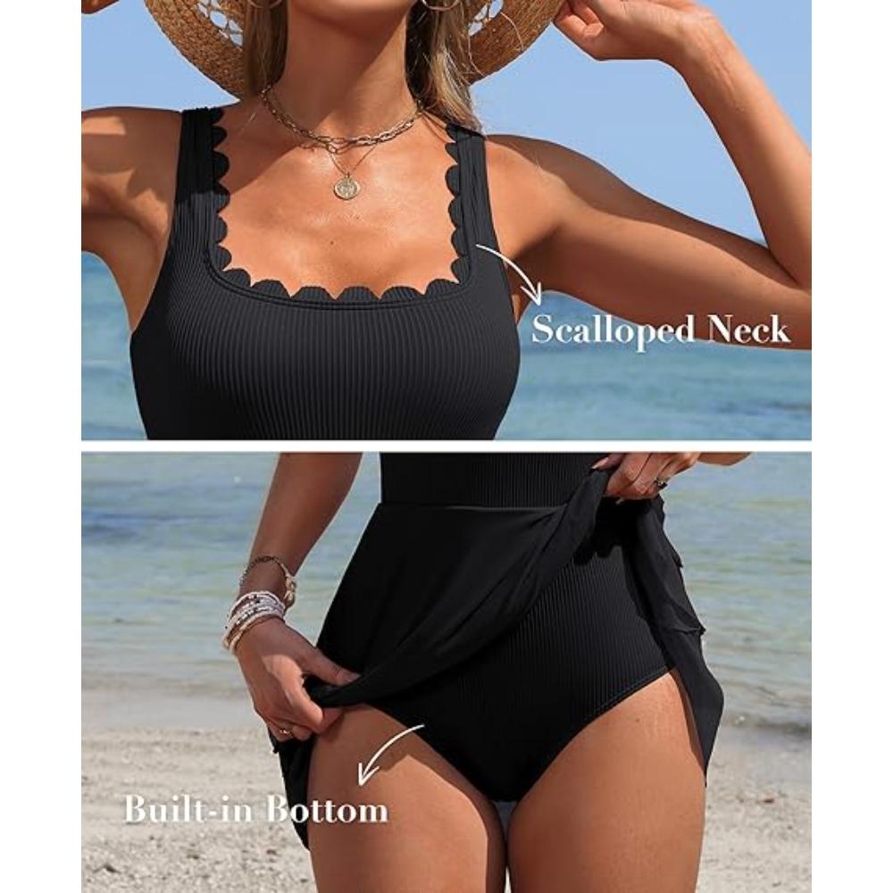 Charmoleaks Women One Piece Swimdress Tummy Control Swimsuits Full Coverage Bathing Suit Modest Mesh Sheer Swim Skirt