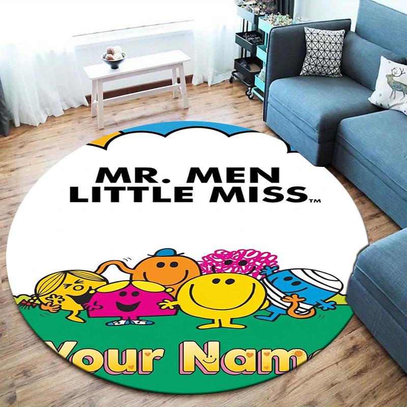 Mr. Men Little Miss Custom Name Round Area Rug,Carpet Rug for Living Room Bedroom Sofa Playroom Decor,Non-slip Floor Mat