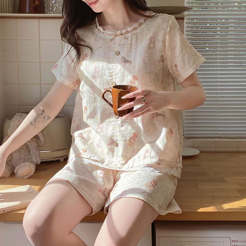 Vernis new cardigan women's casual pajamas cotton short-sleeved shorts set can be worn outside loungewear summer