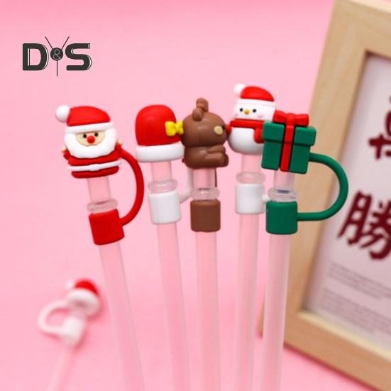 2Pcs Christmas Silicone Straw Cap 10mm Reusable Dust-Proof Straw Topper for Cup Party Decor Santa Claus Snowman Elk Christmas Tree Bells Straw Tips