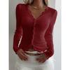 Women V-Neck Lace Patchwork Striped Cardigan Long Sleeve Casual T-Shirt Top