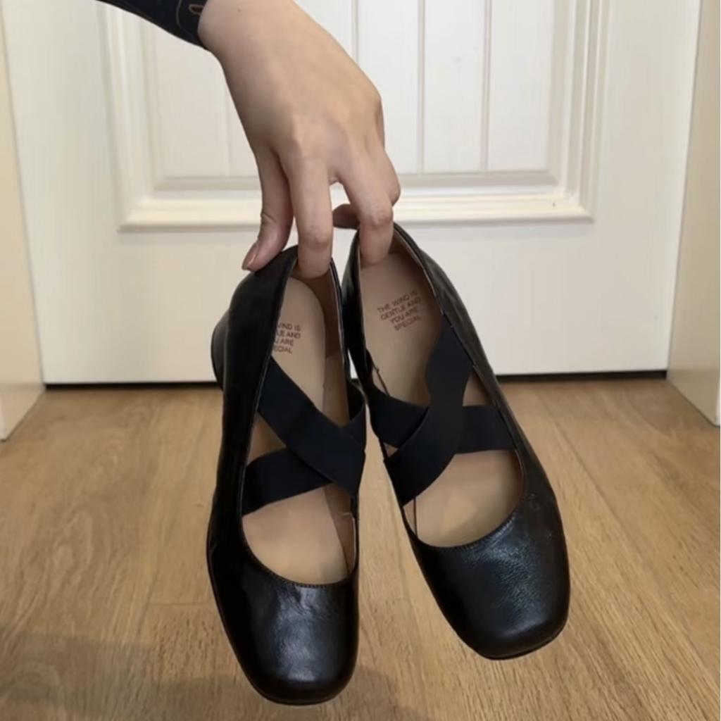 Schafleder~ Mary Jane Einzelne Schuhe Herbst und Winter Retro Kreuzriemen Quadratische Zehenpartie Bequemer dicker Absatz Hoher Absatz Schweinenase Ballerinas