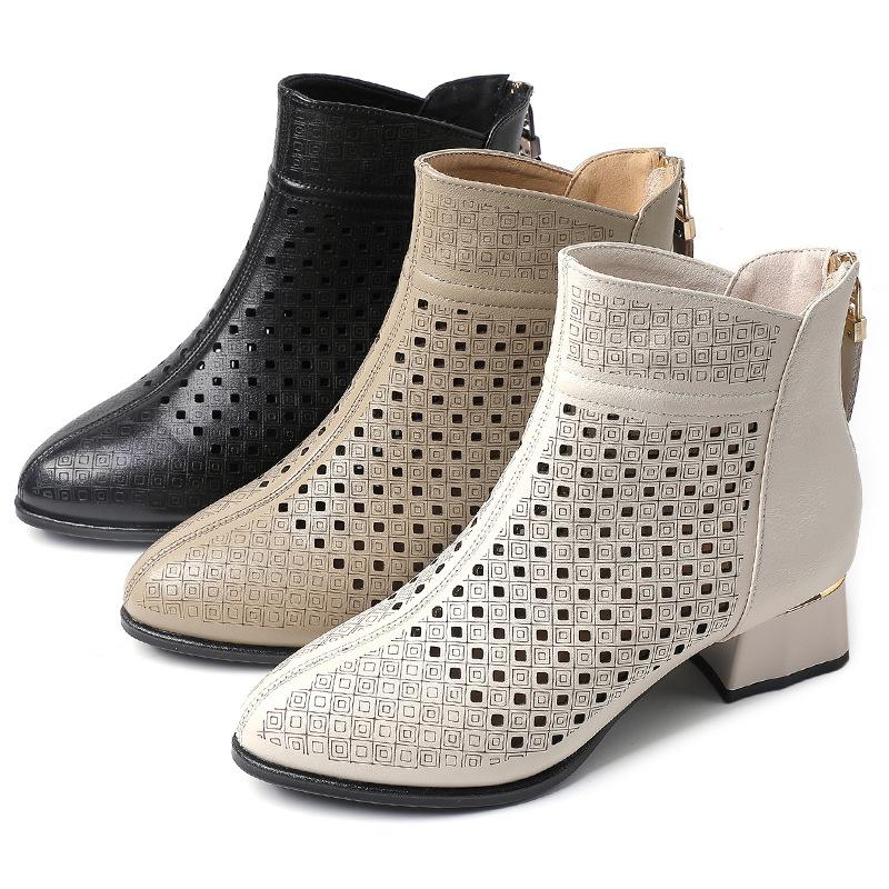 Fashion GKTINOO Ankle Boots Zipper Footwear Hollow Out Fashion Ladies High Heels Round Toes Genuine Leather Summer Shoes