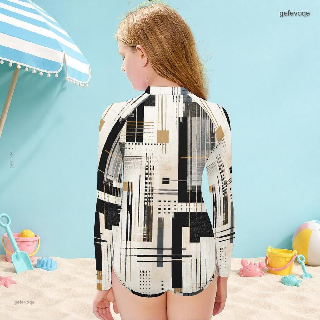 Girls High Neck Long Sleeve Front Zip Geometric Printed One Piece Swimsuit