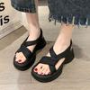 Platform sandals women's 2025 summer new muffin round head elastic band cross belt one-word women's casual sandals