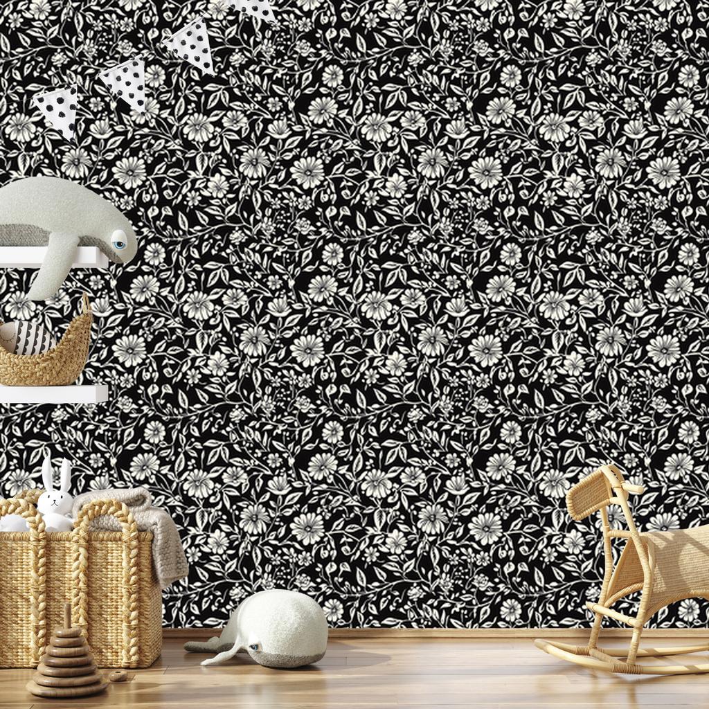 Wallpaper Black and White Flowers Graphite, Gray and Black 50x1000