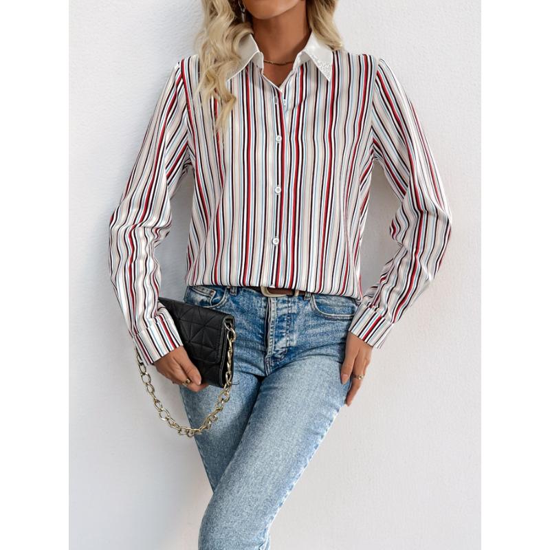 New Casual Commuter Basic Lapel Color Striped Shirt for Women
