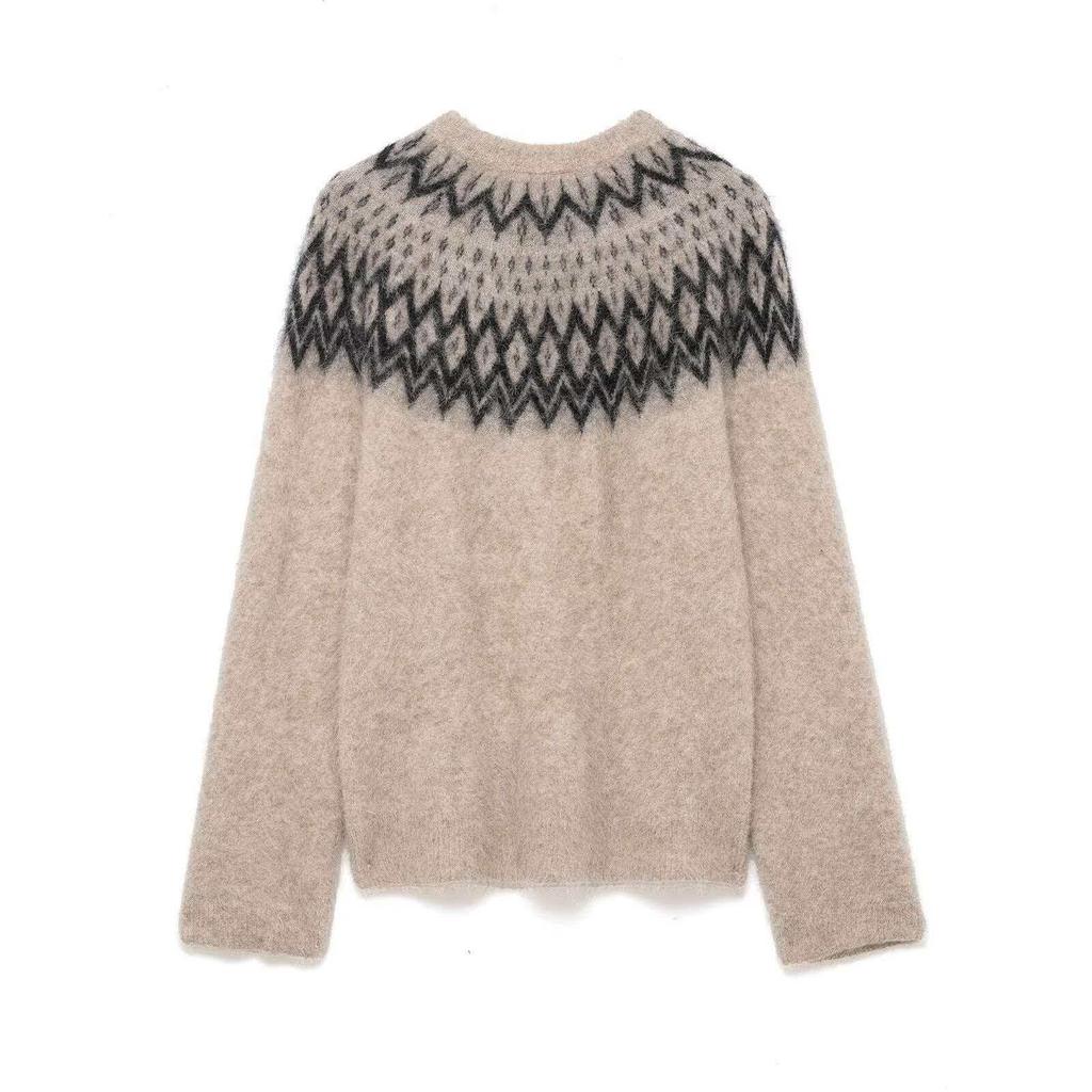 European American Autumn Retro Women's Round Neck Jacquard Knit Sweater