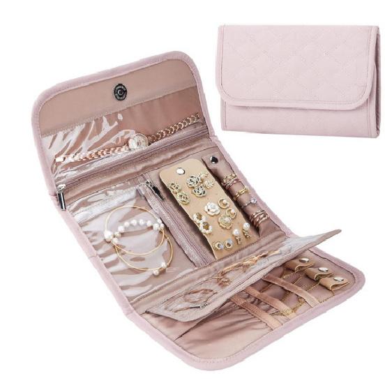 

Imitation Leather Velvet Jewelry Storage Roll Travel Folding Portable Jewelry Bag Stud Earrings Jewelry Storage Bag рожевий