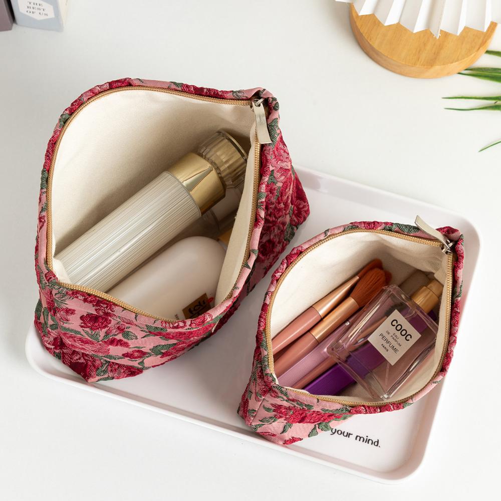 1pc Vintage Red Rose Makeup Bag Rose Pattern Makeup Bag Makeup Storage Bag Cute Daily Washing Bag