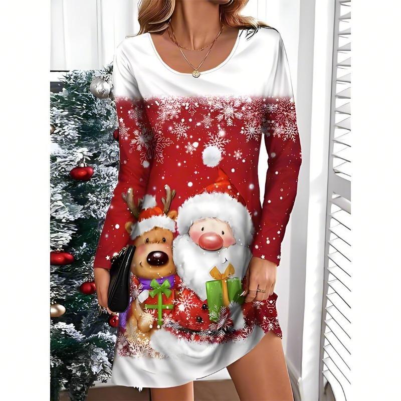 Women's Christmas Casual Dress Snowflake And Christmas Tree Print Long Sleeve Round Neck Micro Stretch Dresses For Women Vestido