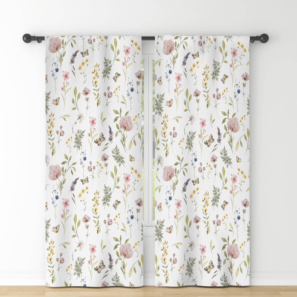 Set Of 2 Fresh Rural Style Window Curtains Floral Fragments Natural Decor Bedroom Dining Room Polyester Modern Blackout Made Treatment