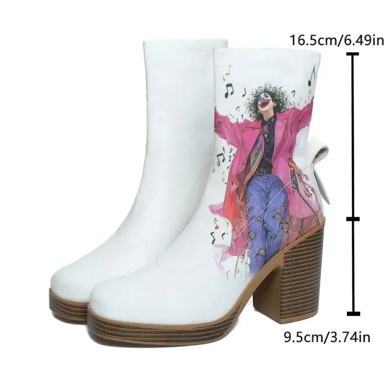 Random Print Women Ankle Boots Super High Heels Shoes 2024 New Leather Chelsea Boots Goth Chunky Pumps Winter Trend Botas
