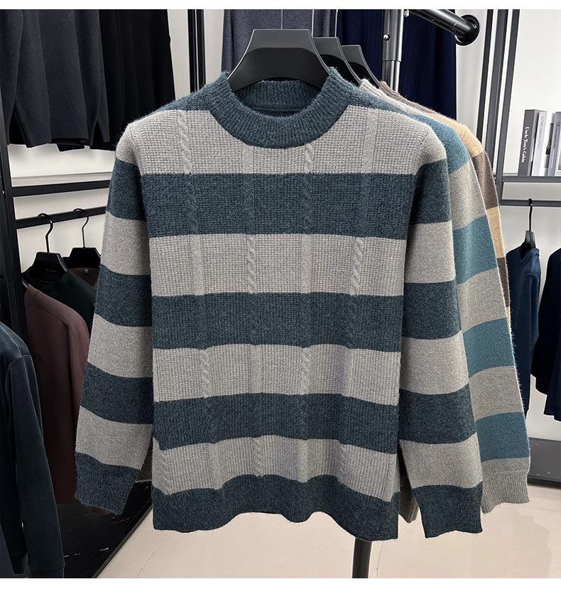 Men's Winter Striped Jacquard Crew Neck Long Sleeve Casual Knit Sweater