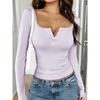 Women's V Neck Long Sleeve Ribbed Top Slim Fit Elegant Solid Crop Top With Lace Button Trim
