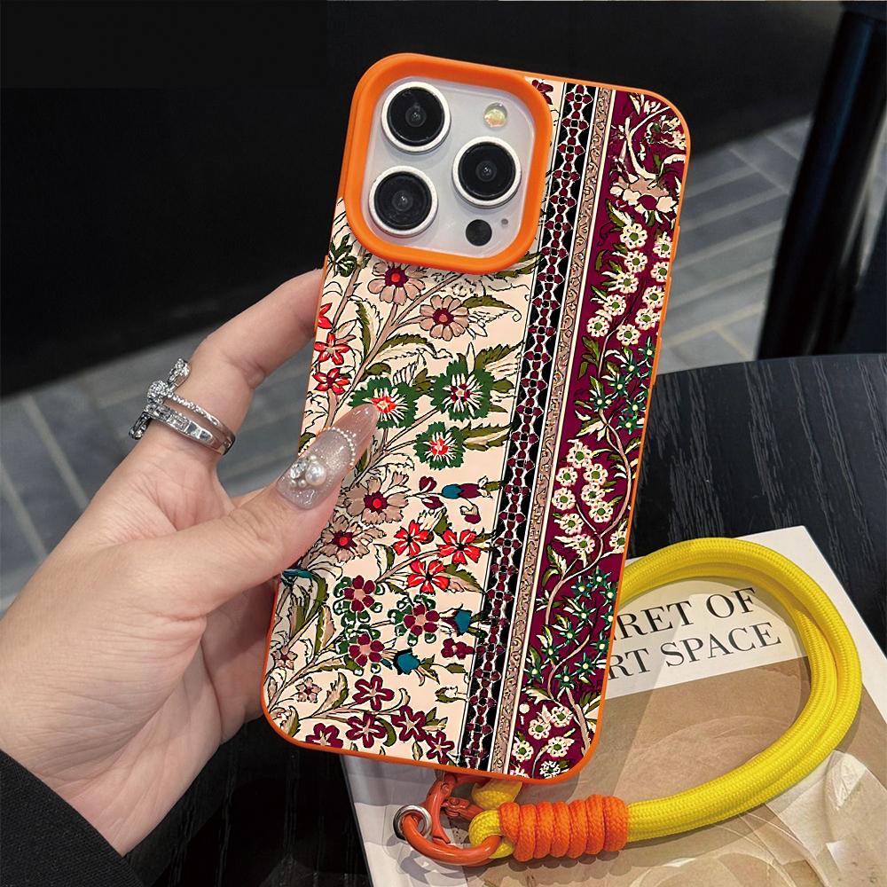 Vintage Persian Rug Pattern Protective Case For iPhone 15 14 17 Air 16 13 12 11 Pro Max Plus Litchi Texture Soft Cover Lanyard