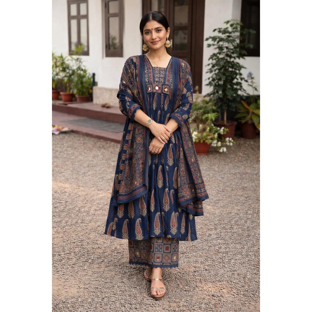 Indian Traditional Cotton Kurta Palazzo Dupatta Set Women Ethnic Salwar Kameez