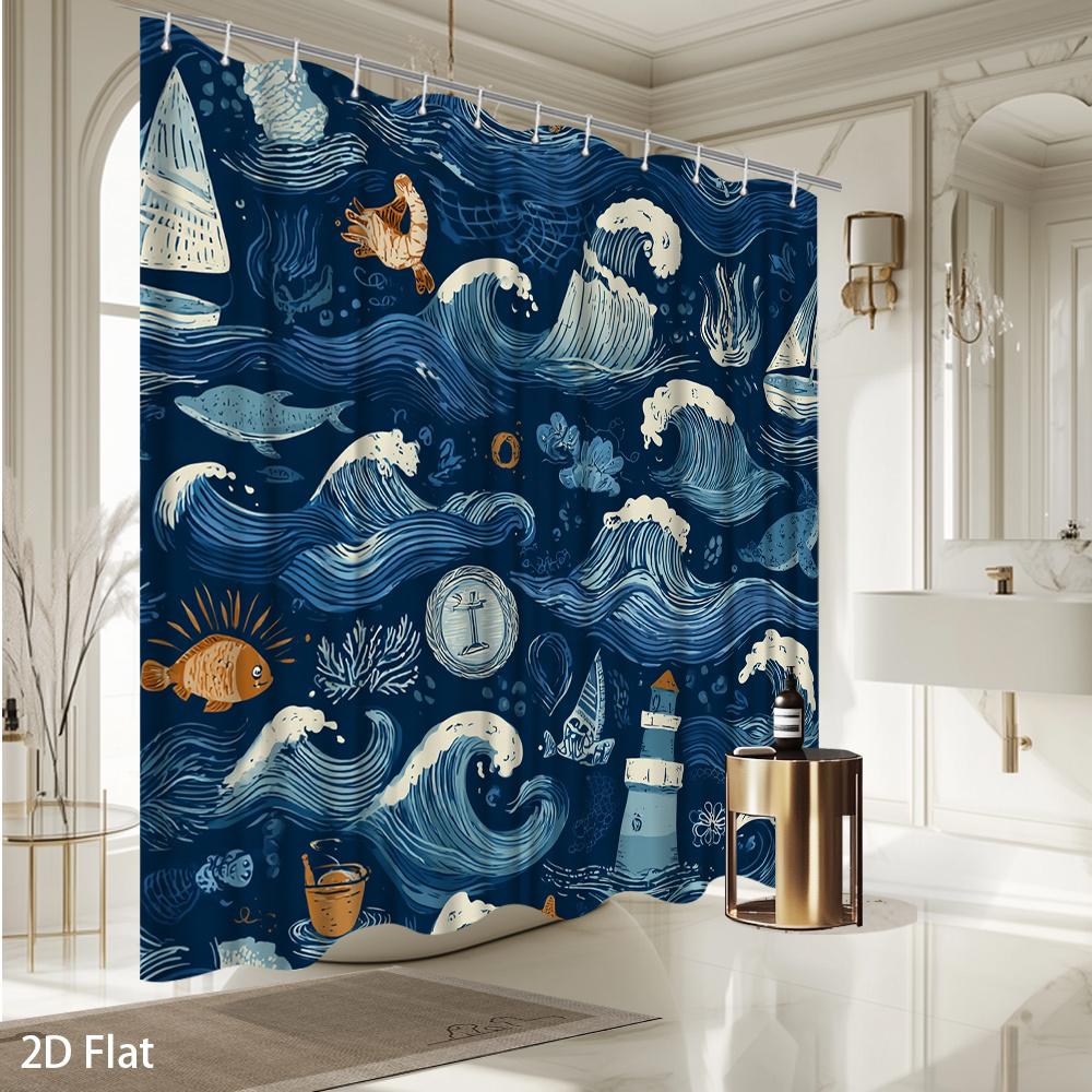 Ocean Waves & Marine Life Shower Curtain – Nautical Theme With Sailboats, Lighthouse Fish, Deep Blue Art Design, Includes Hooks