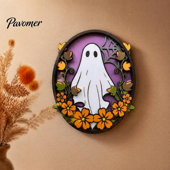 Festive Halloween Wall Accents Oval Sign, Layered Wooden Decor Cute Ghost Bat Spooky Home Decorations Pumpkin Witch Designs, Art Decoration