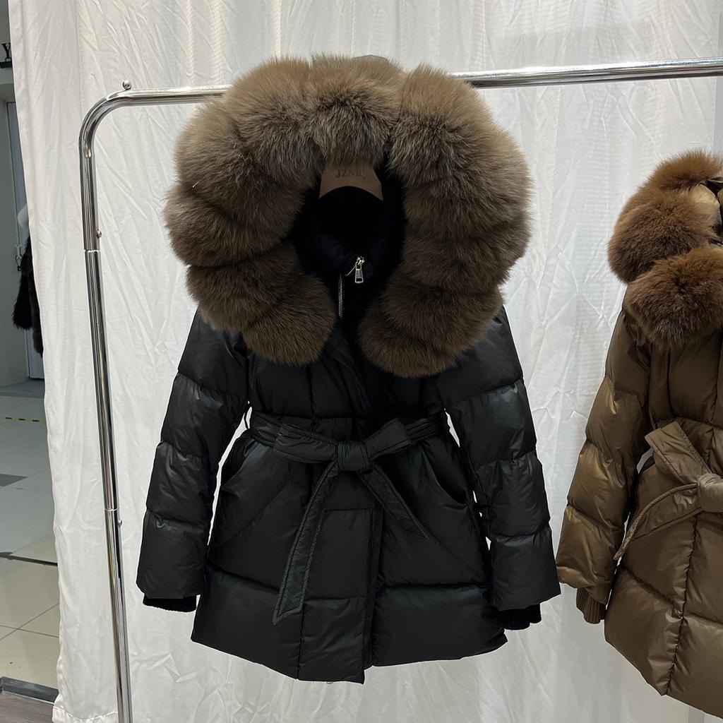 European winter natural fox big fur collar down jacket women's medium and long waist thickened warm hooded jacket