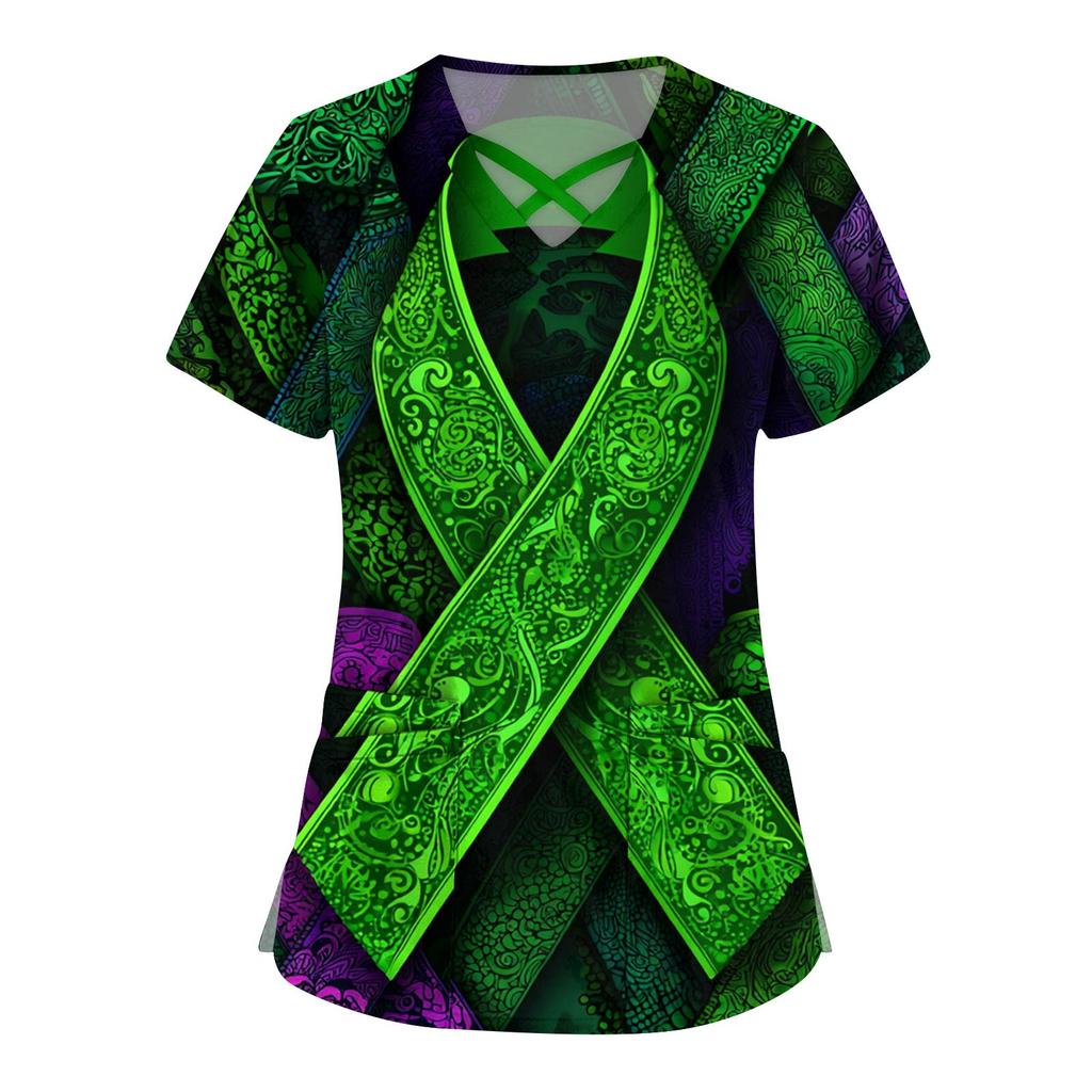 Women's Fashion V-Neck Short Sleeve Overalls Double Layer Pocket Printed Tops Apparel