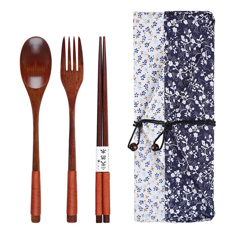 Wooden Spoon Fork Chopsticks Set Japanese Style Wood Cutlery Set Portable Outdoor Camping Picnic Tableware with Cotton Pouch