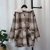 Autumn and Winter New Removable Hat Medium and Long Plaid Knitted Double-sided Cardigan Loose Sweater Jacket Women