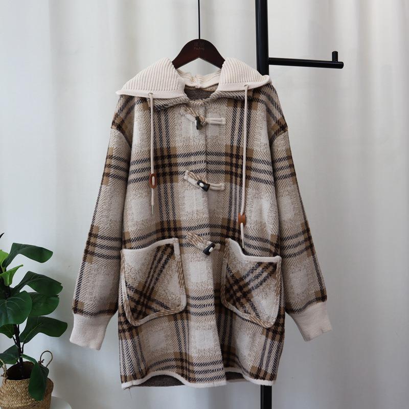 Autumn and Winter New Removable Hat Medium and Long Plaid Knitted Double-sided Cardigan Loose Sweater Jacket Women