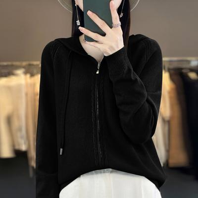 Women Sweater Coat Hooded Drawstring Long Sleeve Double Zippers Knitting Coat Solid Color Loose Fit Jacquard Outwear