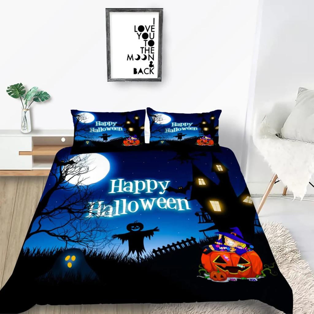 Happy Halloween Pumpkin Moon 3D Print Bedding Set Cozy Soft Duvet Cover King Queen Twin Size for Halloween Bedroom Decoration