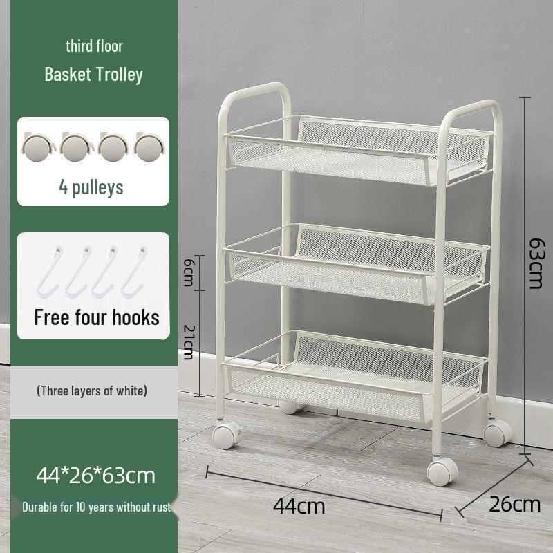 Cream Style Movable Side Table with Storage Shelves and Casters