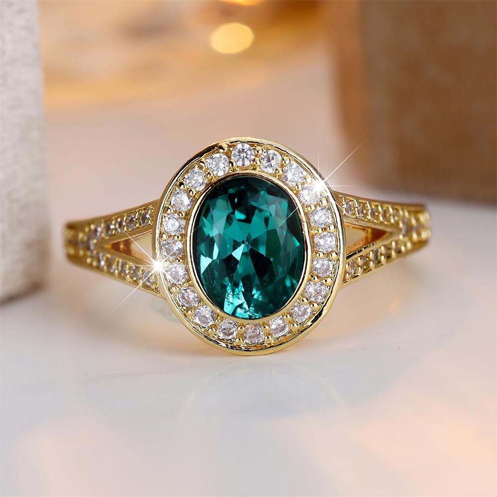 Oval Stone Green Crystal White Zircon Rings For Women Vintage Gold Color Engagement Bands Bridal Wedding Jewelry Birthday Gifts